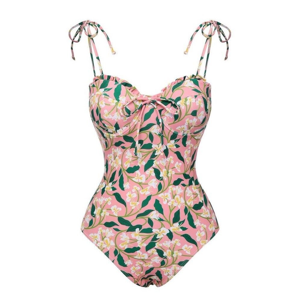 Wom Size M One Piece Swimsuit High Cut Push-up Pink Green Wht Orchid Bow Retro